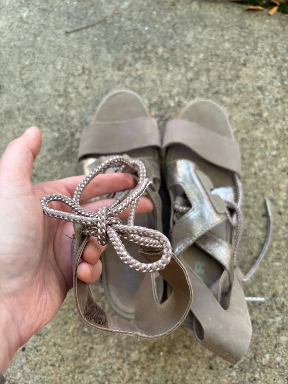 Sorel “Joanie II” wedge tie sandals, 8.5, ash color